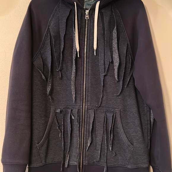 Upcycled “The Goonies Never Say Die” fringed hoodie sweatshirt duster jacket - Picture 6 of 14